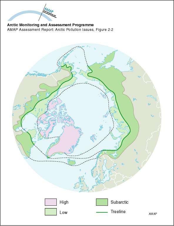 Kuva 6. Arktisen ja subarktisen vyöhykkeen rajat sekä metsänraja (Lähde: AMAP 1998). Kuva 7. AMAP-alue, napapiiri ja heinäkuun 10 C -isotermi (Lähde: AMAP 1998).