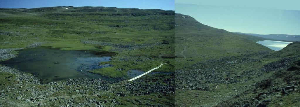 perusgraniittigneissien seassa näkyy mm. liuskemaisia sedimenttikiviä ja selkeitä vaaleita kalkkikivilohkareita muiden peruskivien seassa.