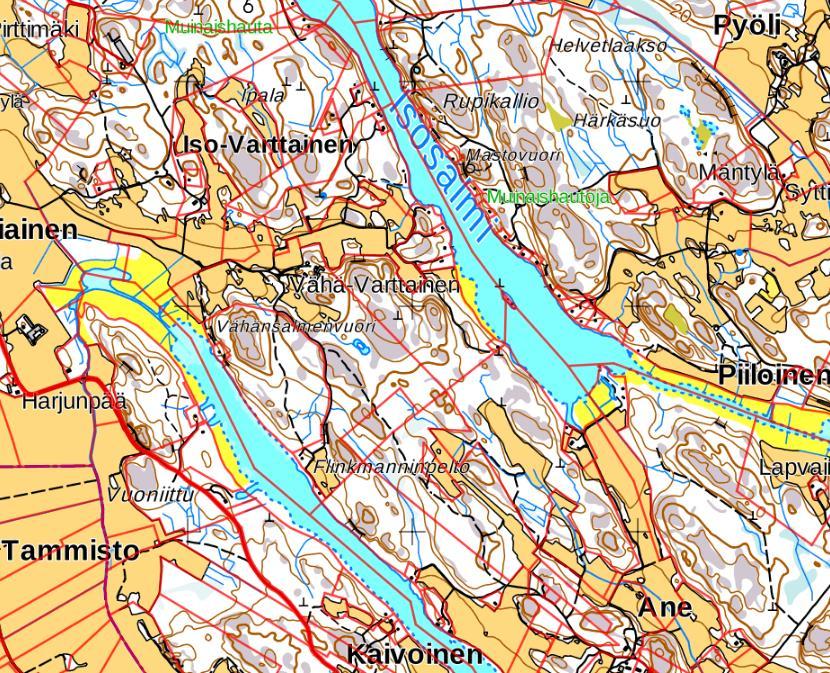 ,1 ha on rajattu punaisella. Mittakaava 1:32 500. Lähde Maanmittauslaitos 2016. 3.