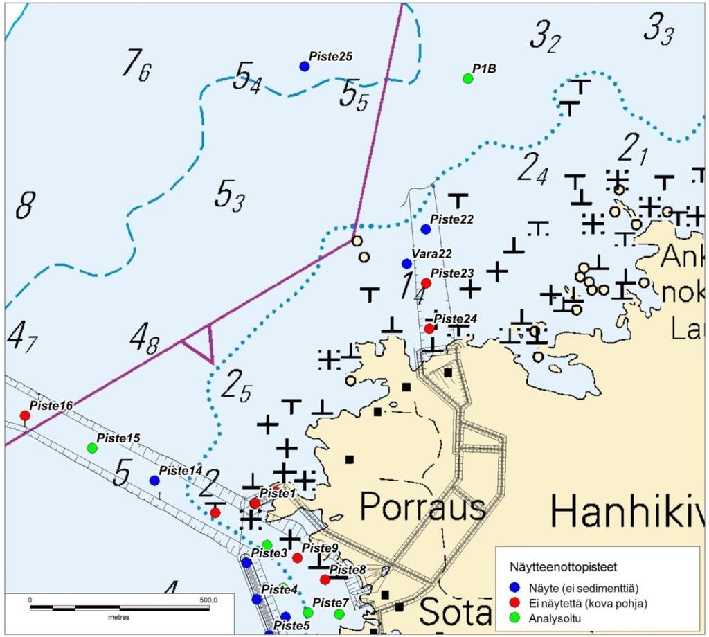 Kuva 5. Vuoden 2012 sedimenttinäytteiden ottopisteet (Luode Consulting 2012) sekä vuoden 2009 sedimenttipiste (P1B) (Pohjatekniikka Oy 2009).