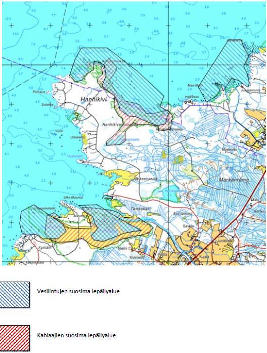 Hankealueen itäpuoleinen flada ja Takarannan alueet ovat myös muuttolinnuston lepäilyaluetta (Kuva 11). Laajemmin linnustoa on käsitelty ympäristölupahakemuksen liitteenä 1 olevassa YVAselostuksessa.