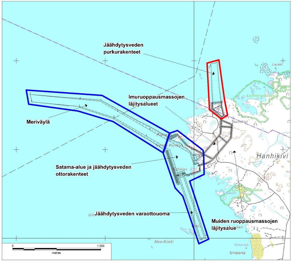 Vedenpurkurakenteet sijoittuvat niemen pohjoisrannalle osittain Pyhäjoen kunnan ja osittain Raahen kaupungin alueelle. Kuva 1. Hankealueen sijainti.