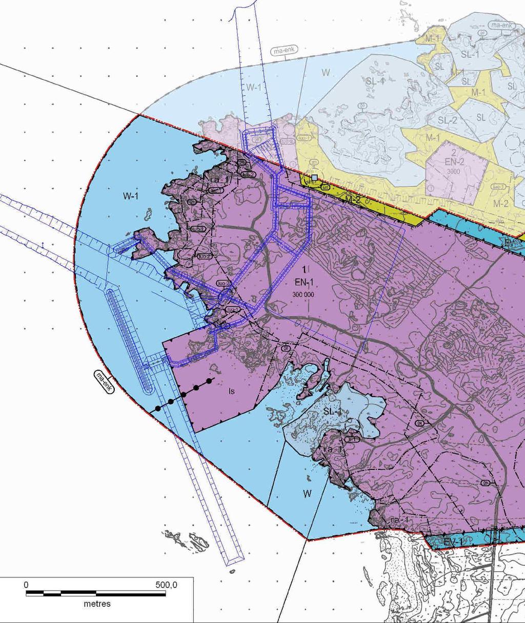 Kuva 3. Ote Pyhäjoen kunnan (ja Raahen kaupungin) Hanhikiven ydinvoimalaitosalueen asemakaavasta. Kuvaan on rajattu punaisella hankealueen summittainen sijainti.