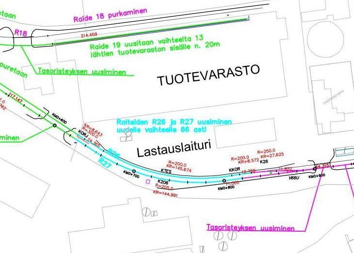 7 SATAMARAITEIDEN KUNNOSTUKSET VUONNA 2012 JA 2013 7.1 Vuonna 2012 kunnostettavan alueen laajuus Kunnostuksen toisessa vaiheessa uusitaan raiteiden 26 ja 27 kaaret.