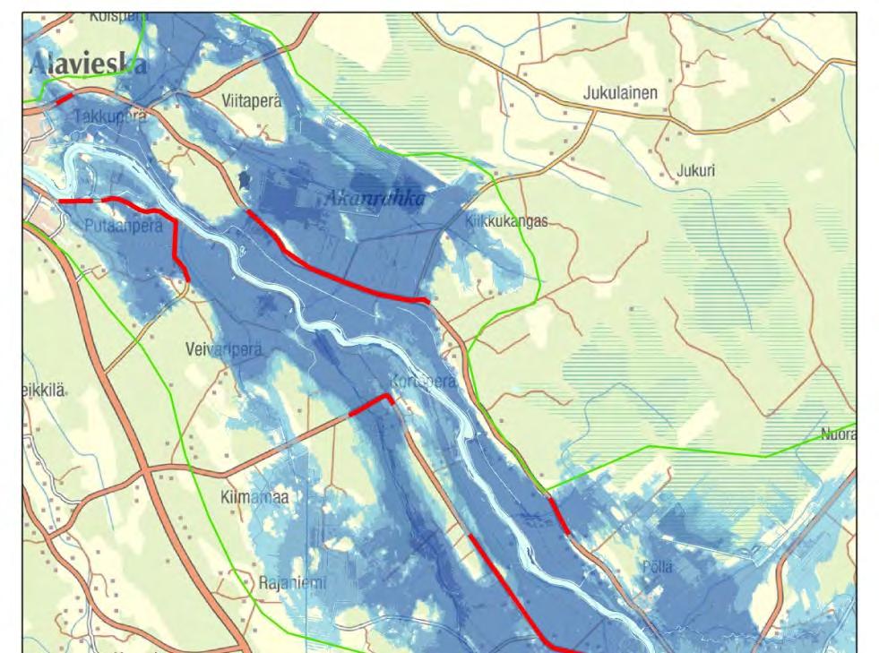 Kerran 250 vuodessa esiintyvä tulva ja korotettavat tiet (tumman punaiset viivat) merkittävällä tulvariskialueella (vihreä raja) Mahdollisia toimenpiteitä tarkempaan arviointiin Kommentit Tiet voivat