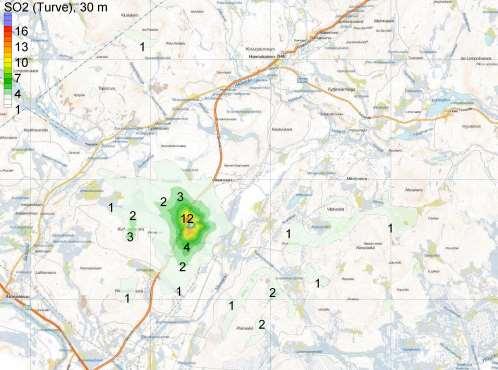 13 PÖYRY FINLAND OY Kuva 6. SO 2 :n vuorokausiarvoon verrannolliset maksimipitoisuudet vuoden aikana turpeen poltossa. Piipun korkeus 30 metriä.