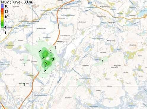 14 PÖYRY FINLAND OY Kuvissa 8 ja 9 on esitetty turpeen polton aiheuttamat typpidioksidin ja hengitettävien hiukkasten toiseksi korkeimpien vuorokausipitoisuuksien esiintyminen lämpökeskuksen