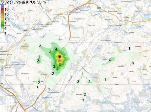 16 PÖYRY FINLAND OY Kuva 10. SO 2 :n toiseksi korkeimman vuorokausiarvon maksimipitoisus vuoden aikana turpeen ja polttoöljyn yhtäaikaisessa poltossa. Piipun korkeus 30 metriä.