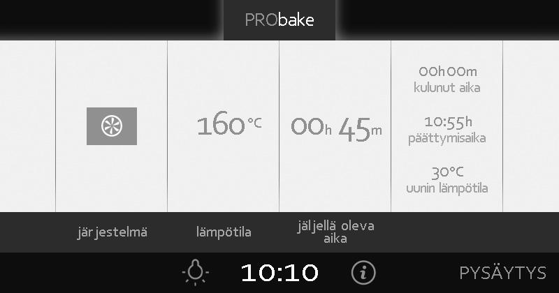 lisäasetukset (katso kohta Ajastintoiminnot). Kaikki asetukset näkyvät näytössä. Viimeisessä ruudussa näkyy uunin lämpötila ja kulunut kypsennysaika.
