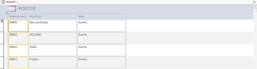 Lomakkeen luominen suoraan Harjoitustiedosto: Asiakasrekisteri-2013.accdb Luo uusi lomake postitoimipaikan syöttämiseen. Lomakkeen tulee sisältää kaikki POSTITP-taulukon kentät.