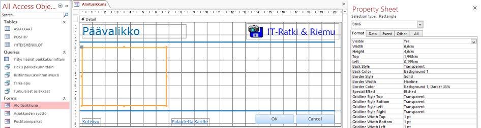 Suorakulmion piirtäminen Harjoitustiedosto: Asiakasrekisteri-2013.accdb Tee piirtämällä Aloituslomakkeelle suorakulmioita, joilla erottelet lomakkeen eri osat toisistaan.