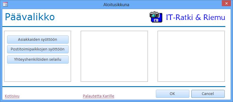 Kuva 119 Aloitusikkuna Form View (Lomakenäkymä) - näkymässä Siirrä suorakulmiot sopiviin paikkoihin ja muuta niiden koko mieleiseksesi sekä tasaa niiden välit Arrange (Järjestä) -valikon komennoilla.