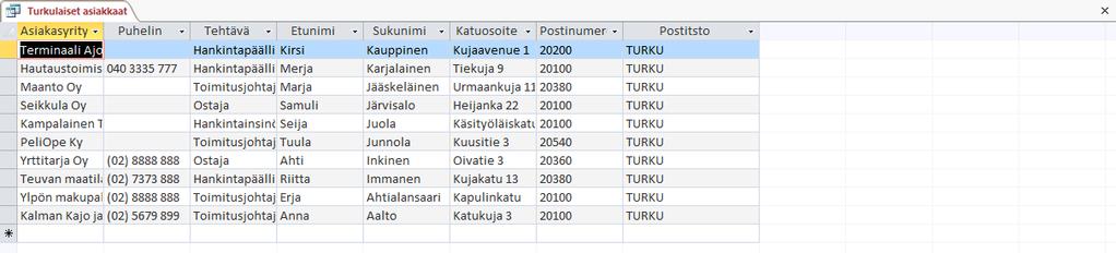 Kyselyn suorittaminen Suorita kysely Design (Rakenne) -välilehden Run (Suorita) -painikkeella.