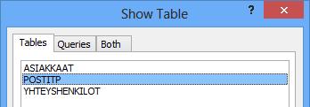accdb Tee taulukon luova kysely. Tarvitset POSTITP-taulukon kaikkine tietoineen Tuoterekisteri-tietokannassa.