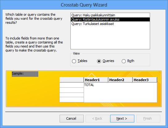 Valittu kysely Kyselyn esikatselukuva Kuva 173 Crosstab Query Wizard (Ohjattu ristiintaulukoinnin luominen) - valintaikkuna Napsauta voimaan View (Näytä) -kohdasta Queries