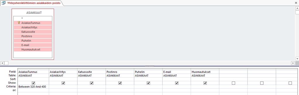 Hakukyselyn määrittely Kuva 1 82 Hakukyselyn määrittely Valitse kaikki taulukon kentät Shift (Vaihto) + valinnalla ja vedä ne kyselyn määritysalueelle.