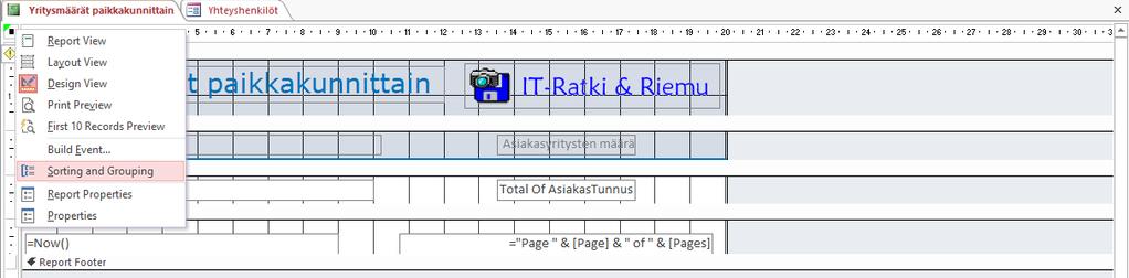 Ryhmittely ja laskenta raportissa Rakenna raportin alatunnisteeseen kenttä, jolla lasket kaikkien yritysten määrän.