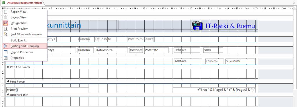 Kumulatiivinen summa Avaa Asiakkaat paikkakunnittain -raportti Design View (Rakennenäkymä) -ikkunaan ja luo raporttiin kenttä kumulatiivisen summan (kertymä tai juokseva summa) laskemiseksi.