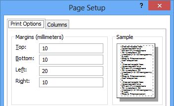 Page Setup (Sivun asetukset) -välilehdellä vaikutat tulostusarkin kokoon, - suuntaan ja tulostustarkkuuteen.