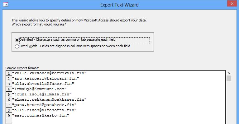 Kuva 240 Export Text File (Vie tekstitiedostoon) - valintaikkuna, toinen vaihe Valintaikkunassa voit määrätä
