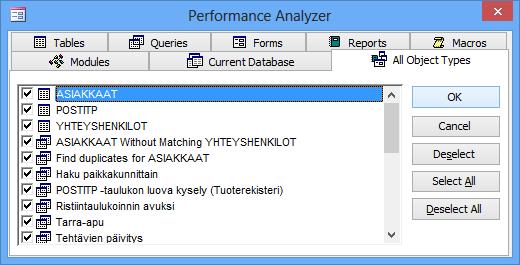 Tietokannan analyysi Accessissa on joitakin tietokannan analysointi- ja dokumentointityökaluja.