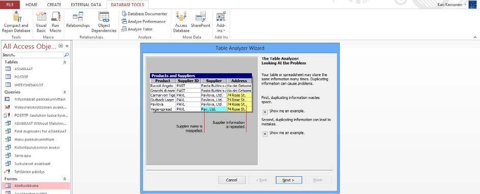 Analysoi taulukko Kuva 246 Table Analyzer Wizard (Ohjattu taulukon analysoiminen) - työkalu Database Tools (Tietokantatyökalut) -välilehdellä on