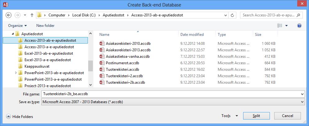 Tietokantajaon ohjeteksti, lue se ja toimi ohjeiden mukaan Kuva 256 Database Splitter (Tietokannan jakaminen osiin) - valintaikkuna Jakamisen voit tehdä Database Tools (Tietokantatyökalut)