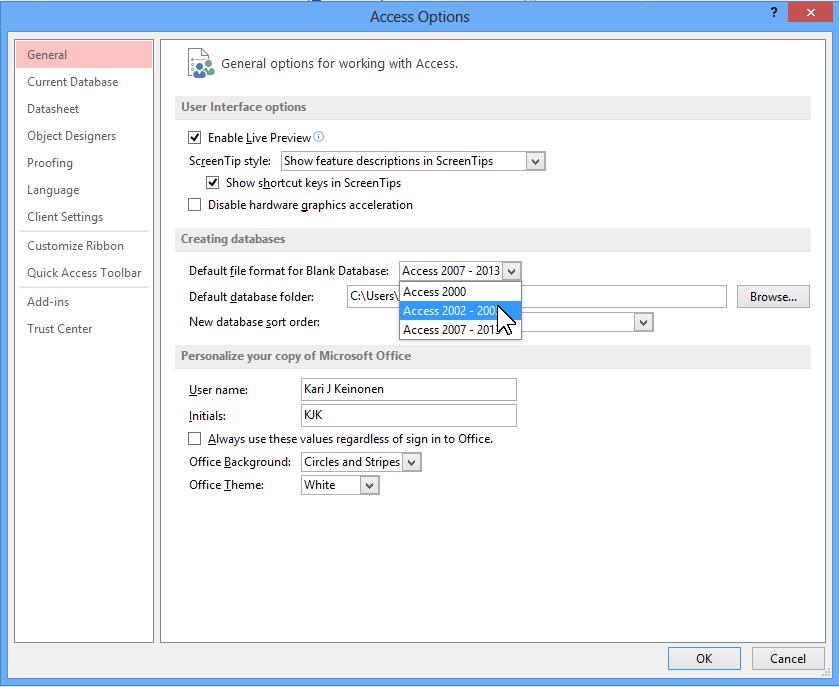 Ohjelman oletustallennusmuodon muuttaminen Microsoft Access 2013 -ohjelman oletustallennusmuoto on Access 2007-2013 -tiedostomuoto.