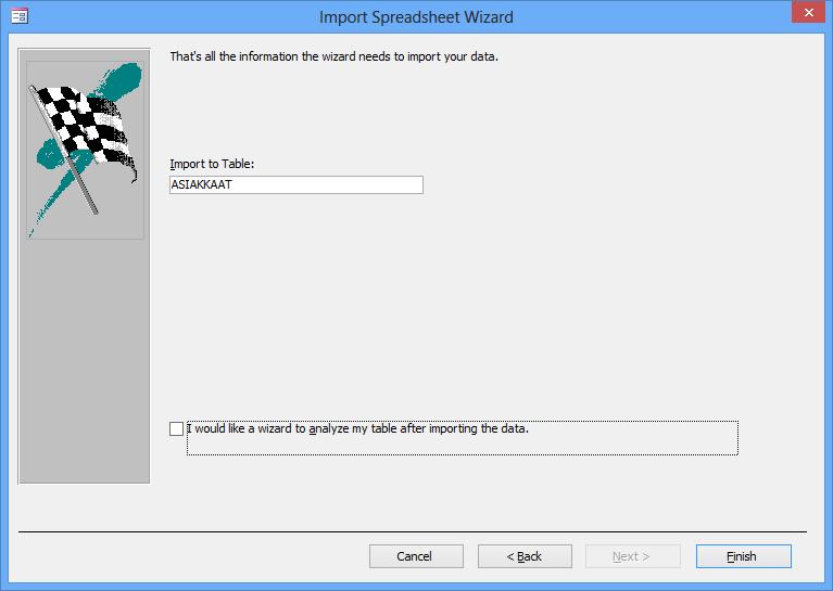 Kuva 77 Import Spreadsheet Wizard - valintaikkuna Muuta ohjaavaa tietoa ei Access tarvitse, joten napsauta seuraavassa valintaikkunassa Finish (Valmis) -painiketta.