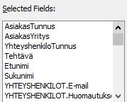 Kaksi samannimistä kenttää, mutta eri taulukoista Kuva 82 Lomakkeelle valitut kentät Kuvassa näet Selected Fields (Valitut kentät) -luettelon kun kaikki