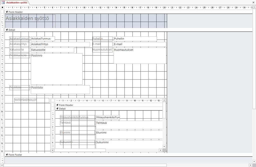 Lomakkeen muokkaaminen Harjoitustiedosto: Asiakasrekisteri-2013.accdb Avaa Asiakkaiden syöttö -lomake rakennenäkymään.