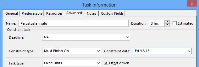 Sitten mietitään tehtävien muut rajoitukset. Tehtävän rivitunnus Rajoituslaji Pvm. Tehtävä 9 Päättymisajankohta (Must Finish On) 1.
