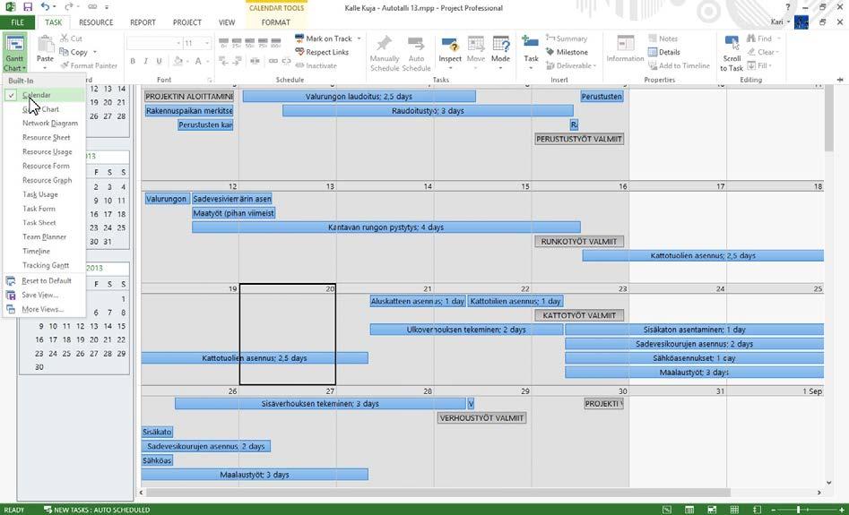 Calendar (Kalenteri) -näkymä Calendar (Kalenteri) -näkymässä voit tarkastella projektin työtehtäviä perinteisessä kalenterissa.