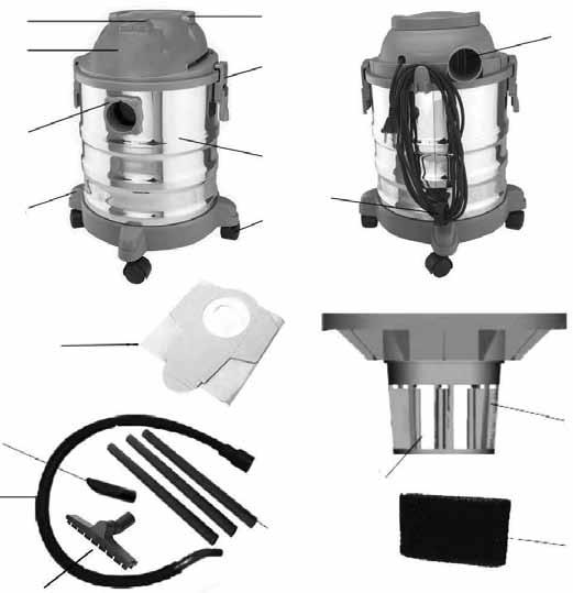 Description of parts 2 3 1 6 9 4 7 5 8 10 11 14 13 15 12 17 18 16 1. Handle 2. ON/OFF switch 3. Top section 4. Suction mouth 5. Pedestal 6. Clasp 7. Container 8. Rollers 9.