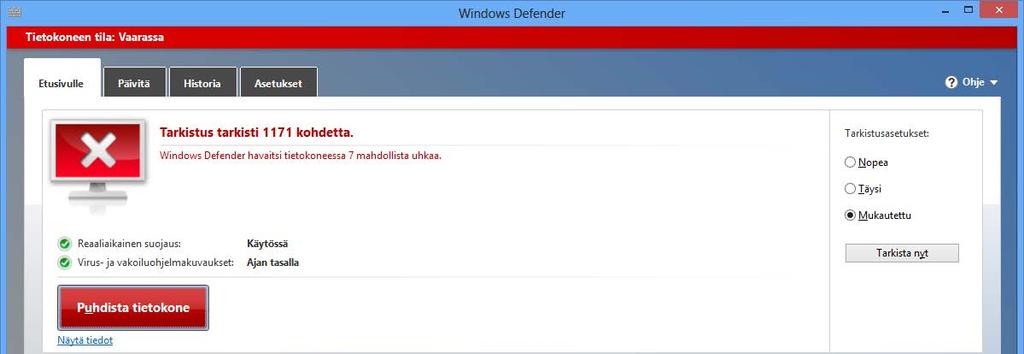 Virusten poistaminen Jos Windows Defender -ohjelma löytää viruksia levyiltäsi saat siitä ilmoituksen. Nyt on syytä hieman huolestua, mutta toimia kuitenkin maltillisesti.