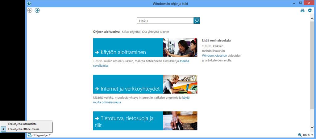 Ohjeen (Help) käyttö Tarvitsemmee joskus opastusta tietoteknisiin toimiin. Windows 8 sisältää käytönaikaiset ohjeet. Ohjeita lukemalla saat lisätietoa eri toiminnoista ja aiheista.