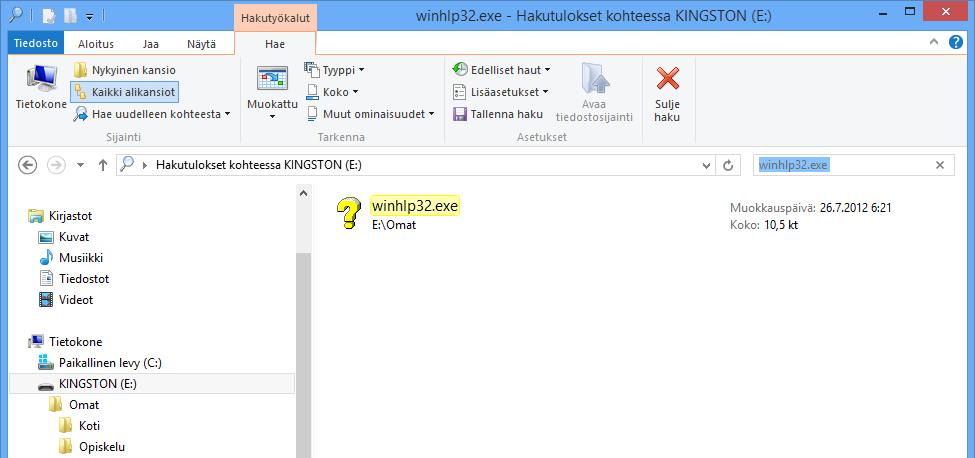 Etsintä nimen perusteella Windows 8 sisältää monipuolisen Haku (Search) -toiminnon. Toiminnolla löydät kadonneet tiedostot levyltä.