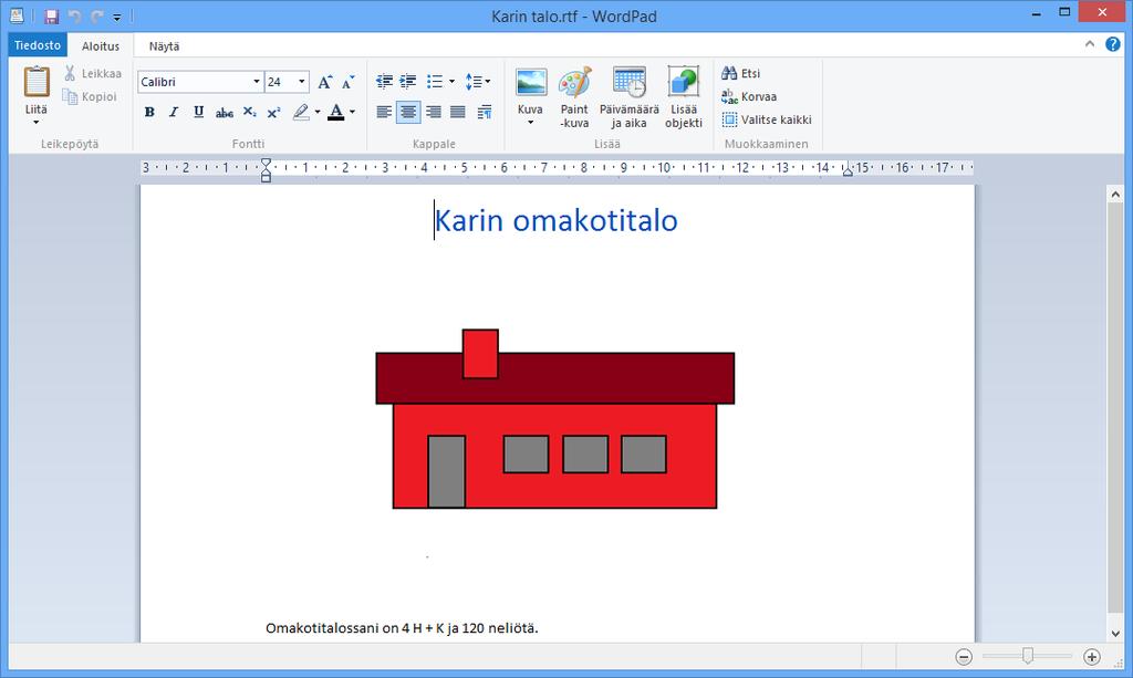 Kuva 67 WordPad- asiakirja Painalla Ctrl + v -pikanäppäinyhdistelmää, näin kuva ilmestyy kohtaan jossa kursori juuri vilkkui.