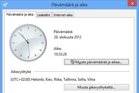 Kellon ja päivämäärän vaihdat Ohjauspaneeli (Control Panel) -ohjelmaikkunan kautta napsauttamalla Päivämäärä ja aika (Date and Time) -komentoa.