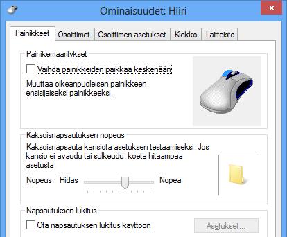 Hiiri (Mouse) Ohjauspaneelin Hiiri (Mouse) -apuohjelmassa voit määrittää muun muassa mitä tapahtuu hiiren painikkeita napsautettaessa ja millaisia osoittimia käytät.