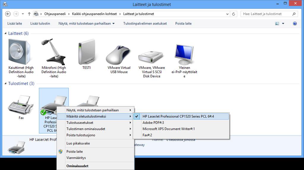 Tulostimet (Printers) Napsauttamalla ohjauspaneelissa Laitteet ja tulostimet (Devices and Printers) -painiketta pääset määrittämään omien tulostimiesi asetuksia.