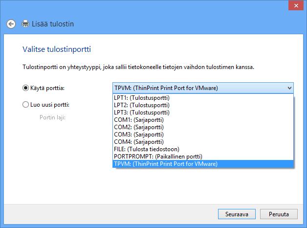 Porttiluettelo Kuva 88 Lisää tulostin ( Add printer) - valintaikkuna - vaihe 3 Minä asennan tulostinta virtuaalikoneeseen.