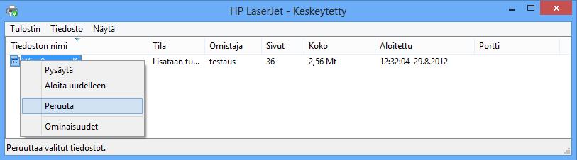 Tulostuksen hallinta Napsautettuasi työvälineohjelmassa Pikatulostus (Quick Print) -painiketta siirtyy tulostettava tiedosto tulostusjonoon. Tulostaminen tapahtuu tällöin laitteen oletustulostimella.