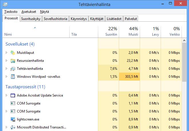 Ongelmien ratkaiseminen Tehtävienhallinta (Task Manager) Valitettavasti Windows 8 ja siihen tehdyt ohjelmat eivät ole läheskään täydellisiä, joten ne kaatuvat ajoittain.
