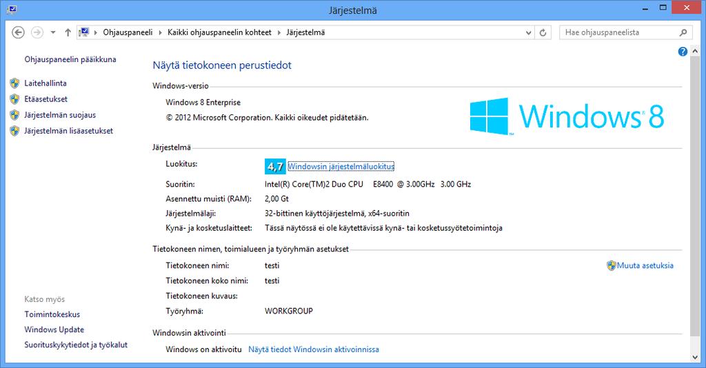 Järjestelmätiedot Tarvitset usein tietoa siitä millainen tietokone käytössäsi on. Kiinnostavaa on kiintolevyn koko, keskusmuistin määrä ja Windows-versio.