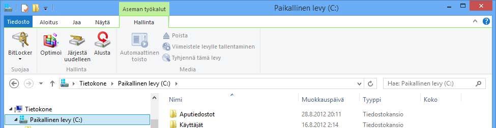 Järjestä uudelleen (Cleanup) Napsauta Resurssienhallinta (File Explorer) -ohjelmassa levyn kuvaketta.