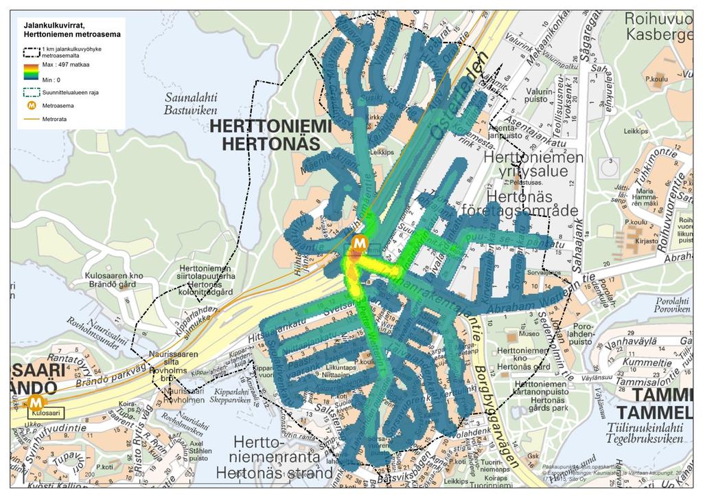 Jalankulkuvirat Herttoniemi Metroaseman 1 kilometrin jalankulkuvyöhykkeellä asuvan väestön matkat metroasemalle (lyhimmän reitin