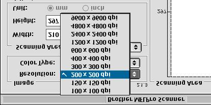 Asetukset skannerin ikkunassa Image (kuva) Resolution (erottelutarkkuus) Valitse skannauksen erottelutarkkuus Resolution -ponnahdusvalikosta.