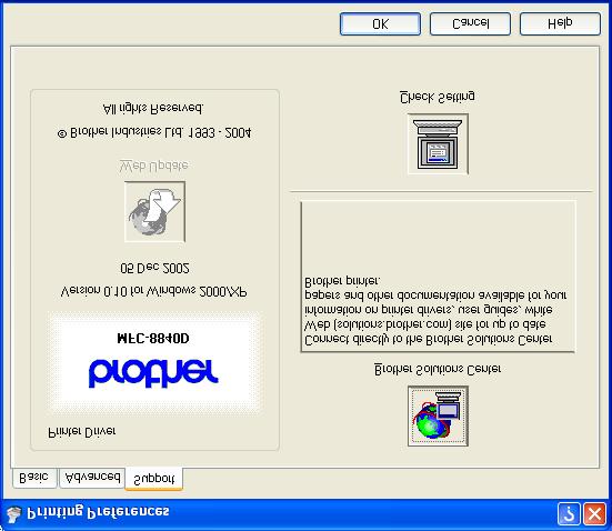 Support(tuki)-välilehti Support-välilehdeltä saat tietoa ohjainversiosta ja asetuksista. Siinä näkyvät myös linkit Brother Solutions Center -keskuksen ja Driver Update -ohjainpäivityksen web-sivuille.