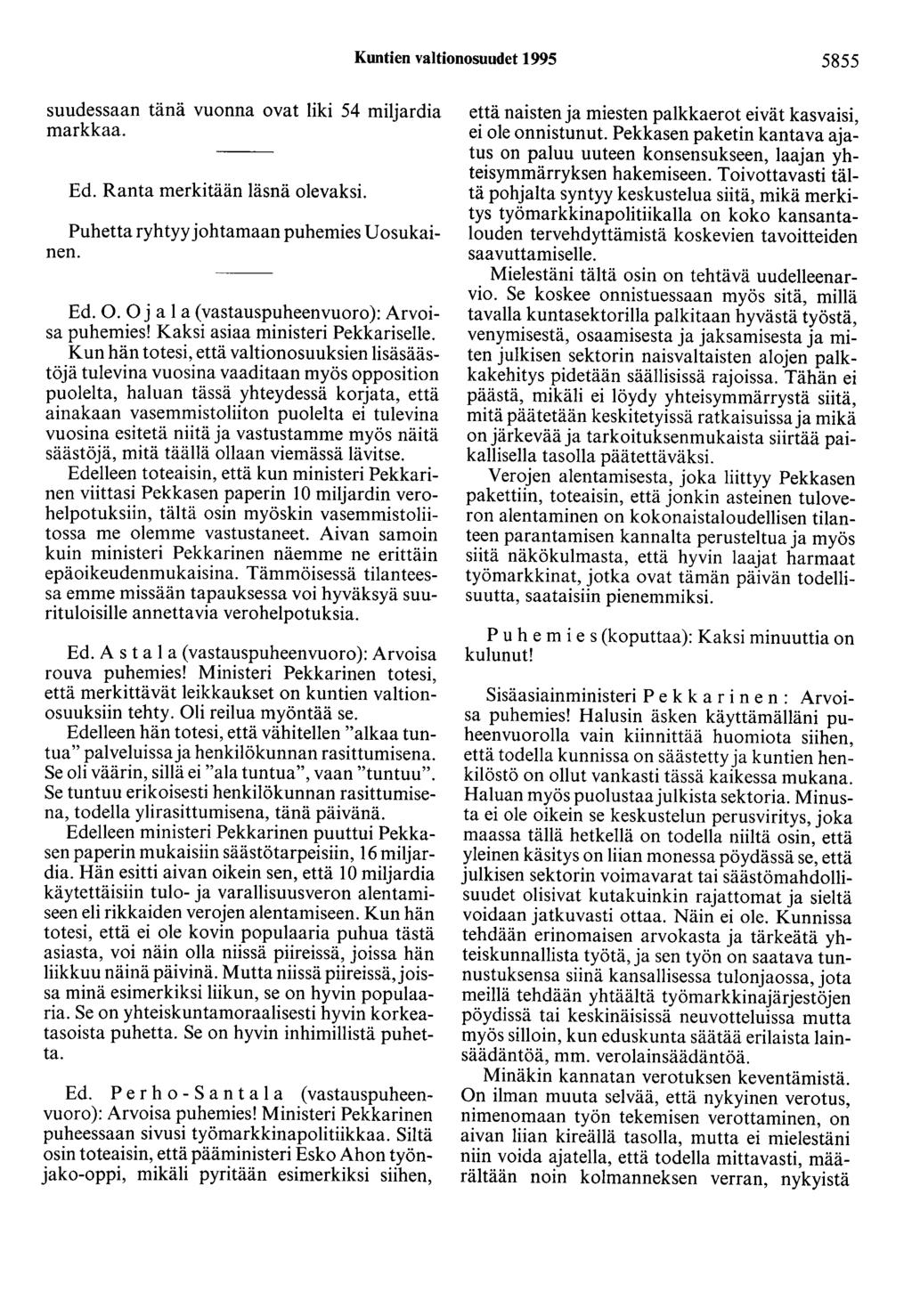 Kuntien valtionosuudet 1995 5855 suudessaan tänä vuonna ovat liki 54 miljardia markkaa. Ed. Ranta merkitään läsnä olevaksi. Puhetta ryhtyy johtamaan puhemies U osukainen. Ed. 0.